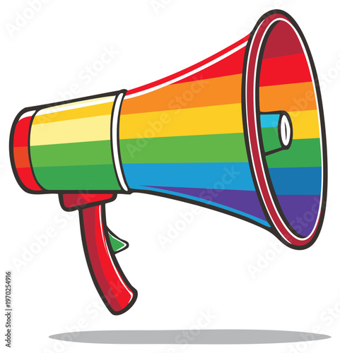 Stylized Megaphone with Rainbow Stripes for Pride, LGBTQ Issues, and Protesting