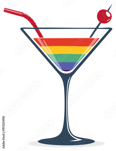 Rainbow pride cocktail in a martini glass with cherry garnish vector illustration