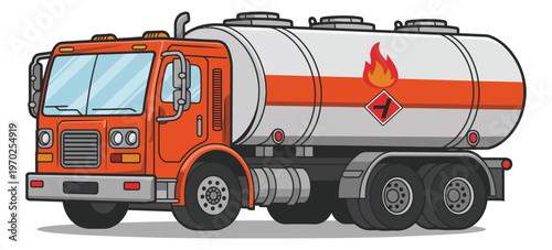 Cartoon fuel tanker truck, cute red oil tanker vector illustration with fire isolated on white background, playful design for transport and safety concepts