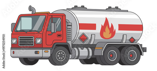 Cartoon fuel tanker truck, cute red oil tanker vector illustration with fire isolated on white background, playful design for transport and safety concepts