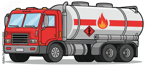 Cartoon fuel tanker truck, cute red oil tanker vector illustration with fire isolated on white background, playful design for transport and safety concepts