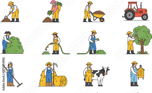 Farmers working on agriculture activities with tractor cow hay watering gardening farming cartoon vector illustration set