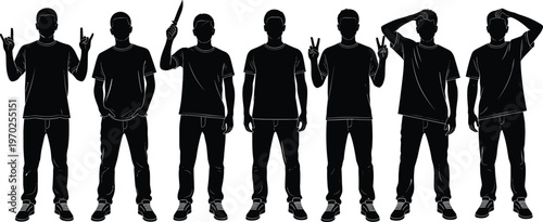 Silhouette set of young man in multiple poses isolated on white background, human body language collection, casual standing gestures, expressive attitudes for design and stock use