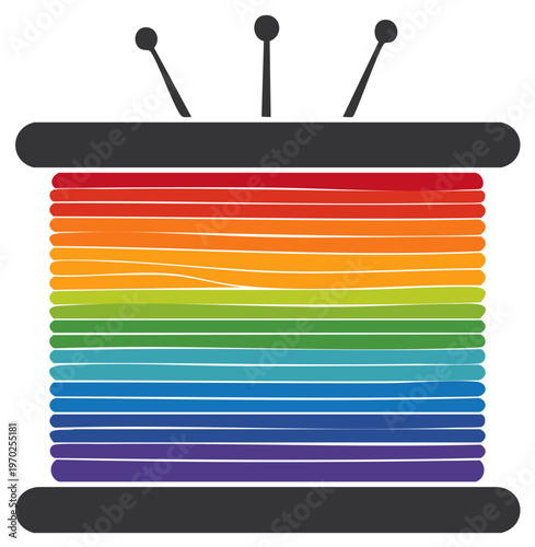 Spool of Colorful Rainbow Thread with Pins Minimalist Sewing and Craft Symbol