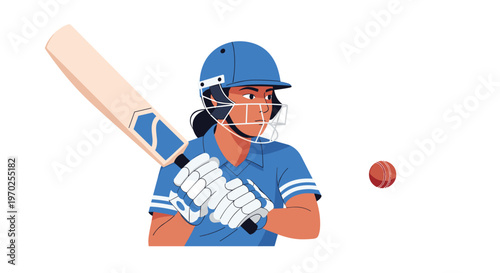A female cricketer in a blue uniform prepares to hit a red cricket ball on a white background.