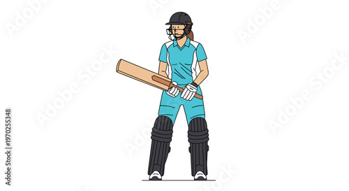 A female cricketer in a turquoise uniform and black pads stands holding a bat on a white background.