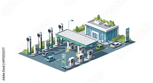 An isometric gas station with fuel pumps, EV chargers, a store, and cars is depicted on a white background.