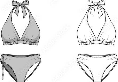 Minimalist bikini set technical sketch, women swimwear outline illustration, halter neck top and classic bottom, fashion design template, monochrome vector clothing flat drawing