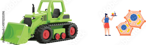Green bulldozer construction vehicle with engineer woman and cell biology diagram science vector illustration set
