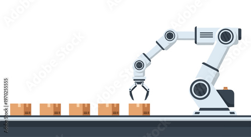 A white robotic arm picks up a brown cardboard box from a conveyor belt on a white background.