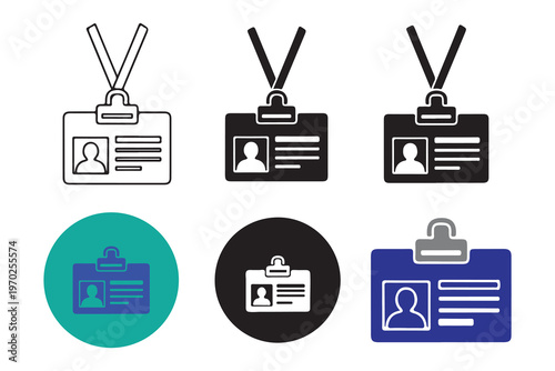 Set of six different identification badge icons with lanyards and name tag designs for employees or event attendees