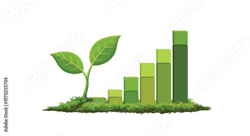 A green plant sprout grows from moss next to a 3D green bar chart on a white background.