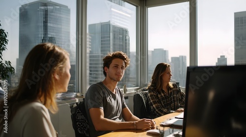 Professionals collaborate in a modern office with a city skyline view bathed in natural sunlight