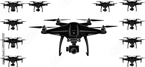 Set of black drone silhouettes with cameras for aerial photography and videography, isolated quadcopter vector icons on white background.