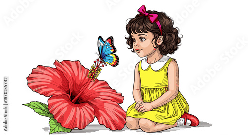 urious girl in yellow dress observing a butterfly on a red hibiscus flower in cartoon illustration
