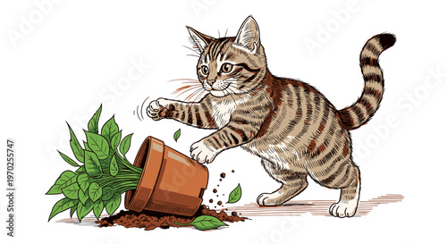 Tabby kitten playing with potted plant
