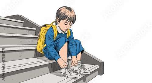 : Young boy focused tying shoelaces on stairs