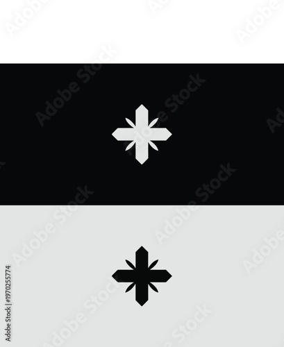 A minimalist geometric monochrome logo features a sharp, symmetrical cross-like or star-like shape with distinct pointed edges, exuding modernity and precision.