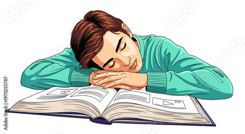 Young man sleeping on open book