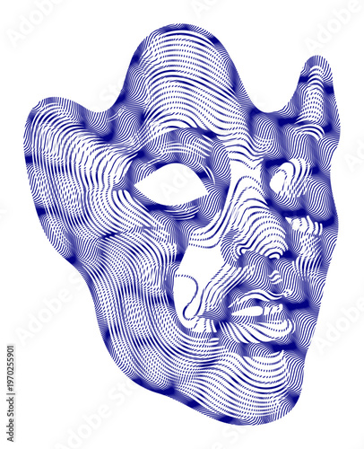 Abstract blue line art depicting a stylized human face with flowing contours and geometric patterns.