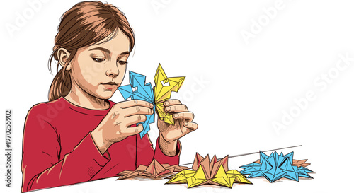 Young girl focused holding origami stars