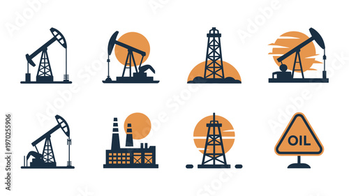 Oil industry flat icons, vector illustrations of pumpjacks, refineries, and rig equipment, clean modern design for energy, petroleum, and industrial concepts