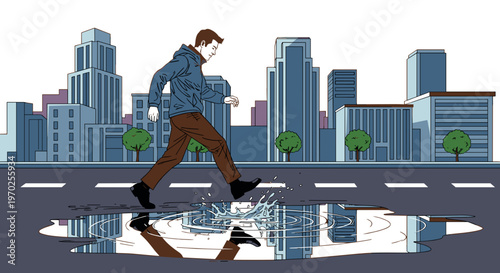Man stepping in city puddle