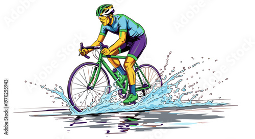 Cyclist splashing through puddle pop art illustration