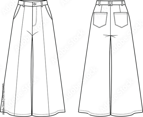 Fashion technical illustration of women wide leg trousers featuring high waist design with front pockets and back patch pocket details.