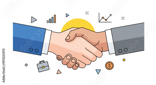 Two hands, one light-skinned and one dark-skinned, wearing business attire, shake firmly amidst floating business-related icons and a yellow sun.