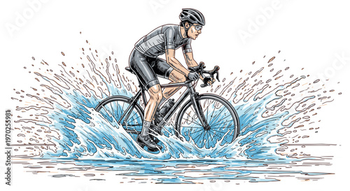 Cyclist splashing through water
