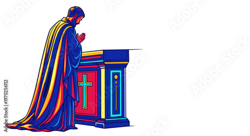 Priest praying at altar with cross