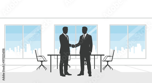 Two silhouetted businessmen shake hands in a modern office with large windows overlooking a city skyline and a long table with chairs.