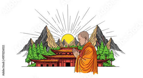 Monk praying peacefully standing at temple against mountains and sun