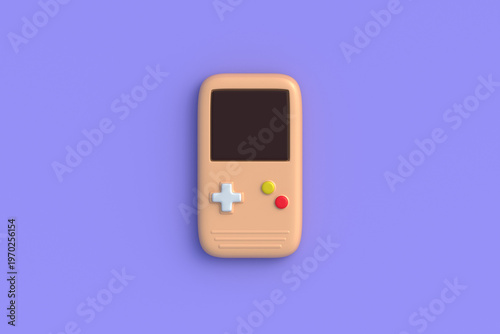 Portable game console on violet background. Pocket device for entertainment. Digital toy. Top view. 3d render