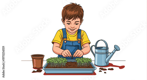 Boy smiling planting seedlings in tray