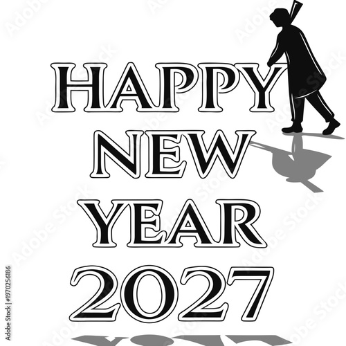 A black and white graphic displays happy new year 2027 with a silhouette of a person carrying a large key