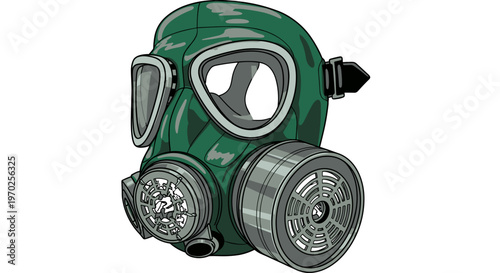 Green gas mask with dual filters illustration