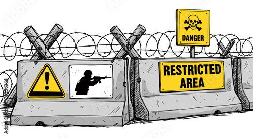 No entry restricted area signs cartoon style on sandbags