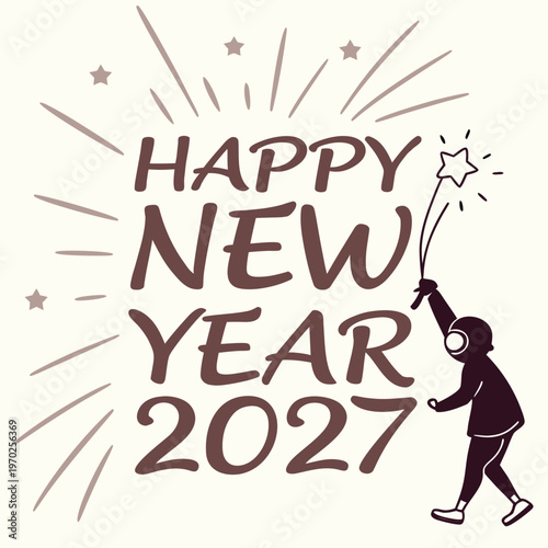 A festive illustration showcases happy new year 2027 with a youthful figure joyfully launching a sparkling firework high quality professional