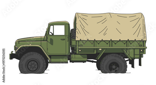 Military cargo truck cartoon style in green and beige