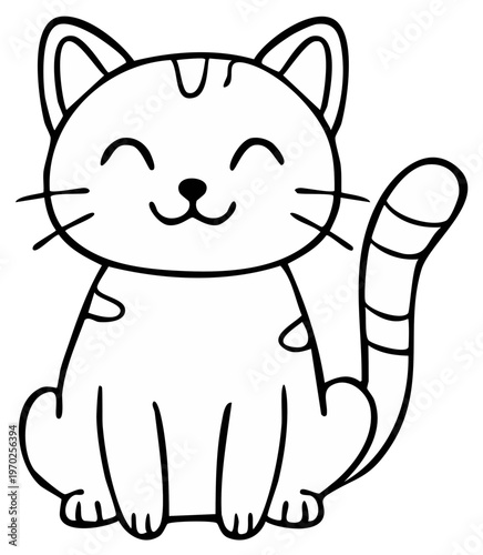 Cartoon Cat Illustration, Smiling Happy Kitten Line Art, Design Element.