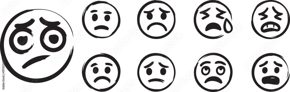 Obraz premium Drawn Sad Faces Emoji Collection Expressing Various Negative Emotions and Distress Simple Doodle Style
