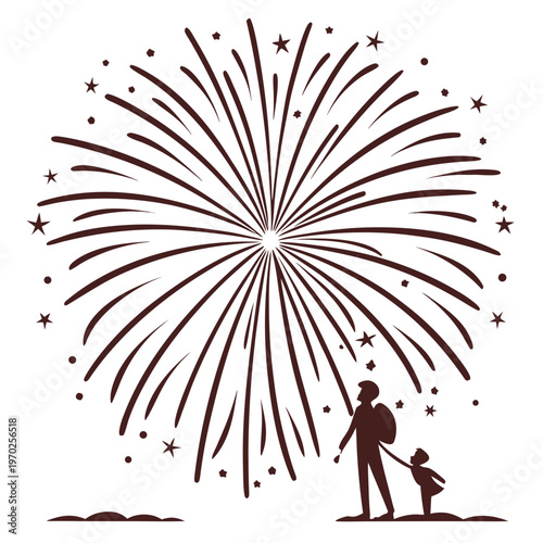 A stylized illustration depicts a vibrant firework burst illuminating a silhouetted father and child gazing upwards high quality professional detailed