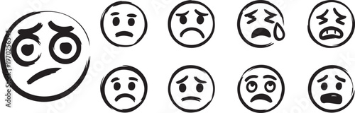 Drawn Sad Faces Emoji Collection Expressing Various Negative Emotions and Distress Simple Doodle Style