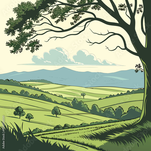 A serene landscape illustration depicts rolling green hills distant mountains and a prominent tree framing the idyllic countryside scene
