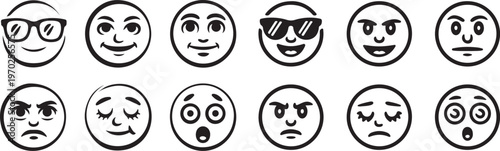 Emoticon Faces Collection: Diverse Expressions and Emotions Simple Line Art Isolated on White