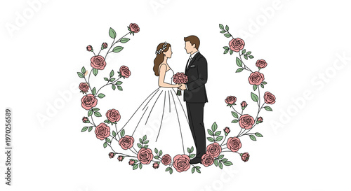 A sophisticated bride and groom stand together in formal attire surrounded by an elaborate floral wreath of blooming pink roses and green leaves on white.