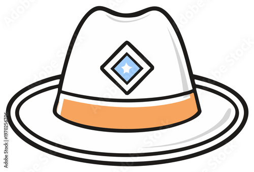 Stylized white fedora hat with orange band and blue diamond emblem illustration