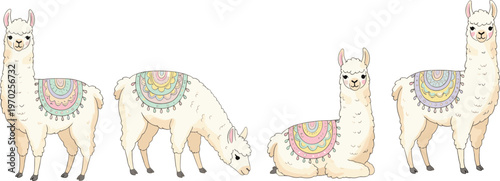 Vector illustration of cartoon llamas with decorative blankets in different poses and pastel colors